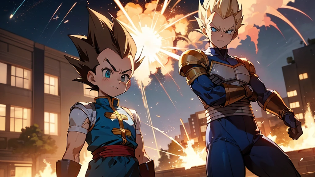 Vegeta shooting an energy blast at a daycare center, daycare building exploding in the background, children crying in the background, (work of art, best qualityer:1.2) perfects eyes, greeneyes, standing alone, male focus, ung boy, giggling, spiky blonde hair, armors, whitegloves, blue spandex pants,