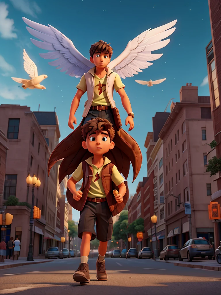 A person stumbling on a busy street, with an expression of determination on his face. As it starts to fall, the scene transforms and the same person is shown flying high in the sky with luminous wings, leaving behind the street and the difficulties. The sky is lit with vibrant dawn colors, symbolizing overcoming and the ability to soar above challenges. The figure is surrounded by an aura of light, representing hope and inner strength."