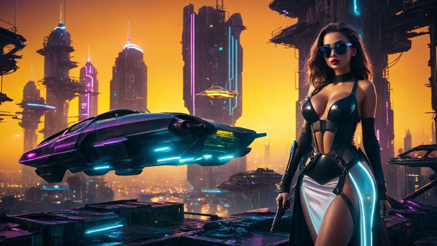 (aerial view, a flying cars docking platform, a very dark abandoned futuristic city, neon lights). 1girl, solo, alone, large-breast:1.2 slim body, cleavage:1.1, sexy dress:1.4, (black sunglasses), ((holding a pistol)), half-body thigh level medium shot, cinematic lighting, lens flare, ray tracing.