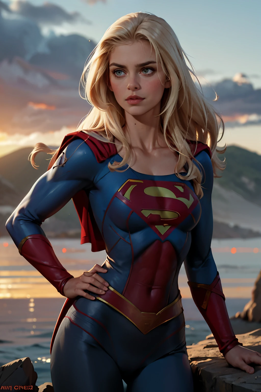 ((highest quality)), ((masterpiece)), (be familiar with), (High definition), (Realistic), (Realistic), (Best Shadow), Low contrast, (Complex:1.4), Side lighting, 8K, ((Helen Slator)), ((SUPER GIRL)), Perfect Face、Detailed、(Accurate hand and finger depiction)、supergirl women、Blonde、strong body、small breasts、Narrow waist、Alluring、glamorous、((Standy looking to the horizon))、day light, sunset