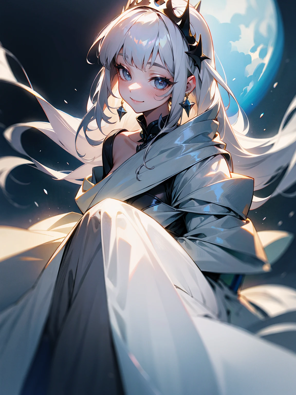 1female, silver hair, long hair, earrings, grey dress, princess, smile, beautiful