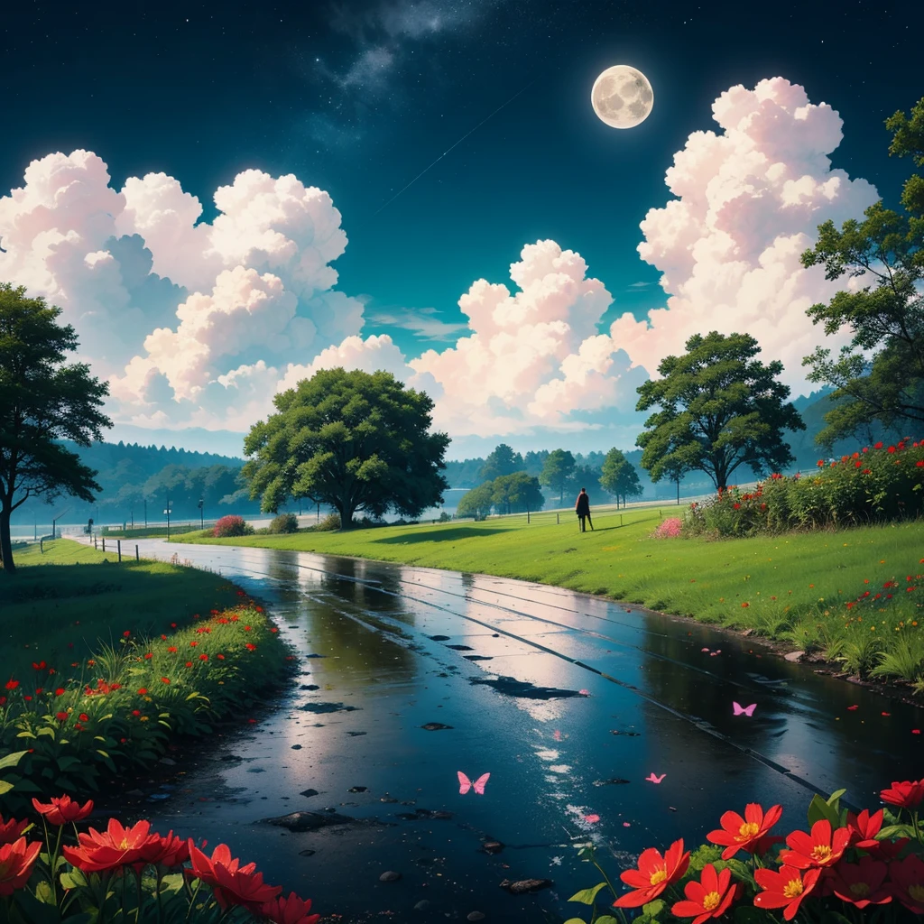 imagination, person thinking, green and pink clouds, blue sky, wet asphalt, storm, red flowers, green grass, butterflies, moon, stars,