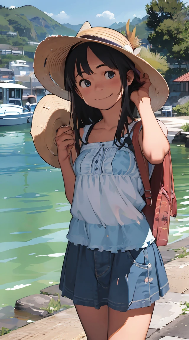 masterpiece, Highest quality, High resolution, Very detailed,(((Multiple Girls))), (((Three Girls)))、(((Straw hat。)))、(((smile)))、(((Waterfront)))、skirt, Shorts, Plants