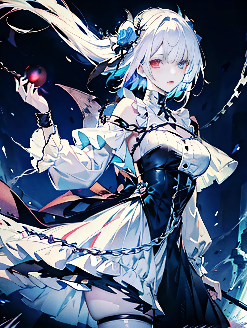 The White-haired Devil, With chain sickle, Sexy dress up, Heterochromia of the Eyes, Black, Red moon and blue rose, Fantasy Background