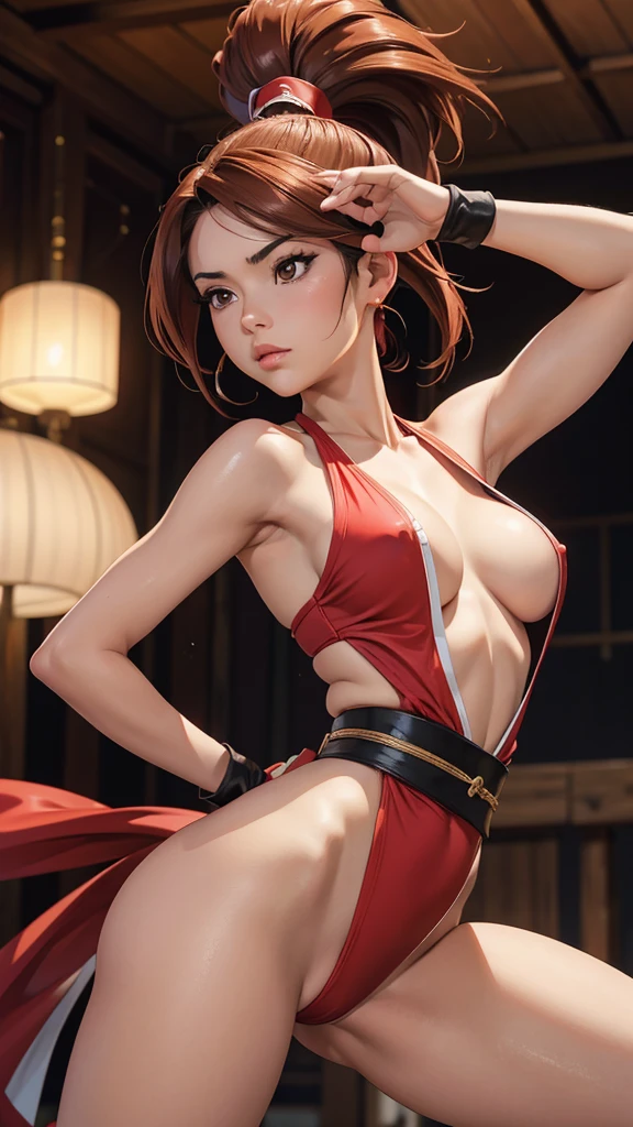 Mai Shiranui, (The King of Fighters), sexy girl, poderosa, traje sexy de artes marciales color rojo, YOUNG, skynny body, small and beautiful buttocks, toned abdomen, beautiful breasts, obscene, sensual, esta en el dojo de artes marciales de Japón, dramatic background, riene abanicos en sus manos, esta rodeada de fuego, ella esta dando una patada al aire, ella esta entrenando karate, sensual look, beautiful brown eyes, classic hairstyle,Hair dyed in bright brown color, best quality,4k,8k,A high resolution,masterpiece,ultra detailed,Realistic, Photorealistic,photo realistic