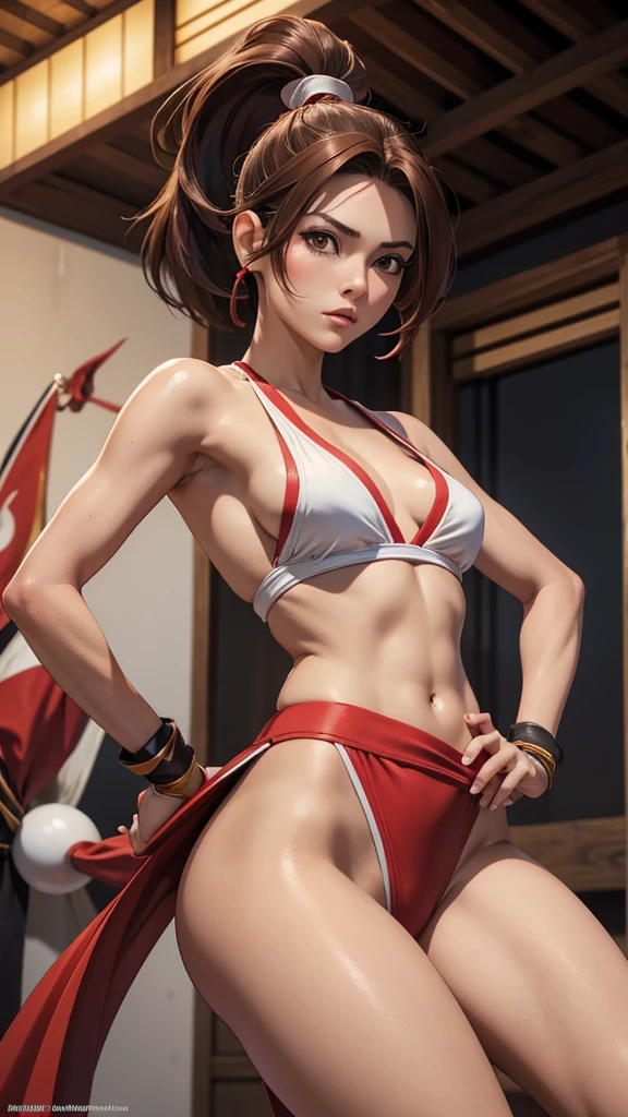 Mai Shiranui, (The King of Fighters), sexy girl, poderosa, traje sexy de artes marciales color rojo, YOUNG, skynny body, small and beautiful buttocks, toned abdomen, beautiful breasts, obscene, sensual, esta en el dojo de artes marciales de Japón, dramatic background, riene abanicos en sus manos, esta rodeada de fuego, ella esta dando una patada al aire, ella esta entrenando karate, sensual look, beautiful brown eyes, classic hairstyle,Hair dyed in bright brown color, best quality,4k,8k,A high resolution,masterpiece,ultra detailed,Realistic, Photorealistic,photo realistic