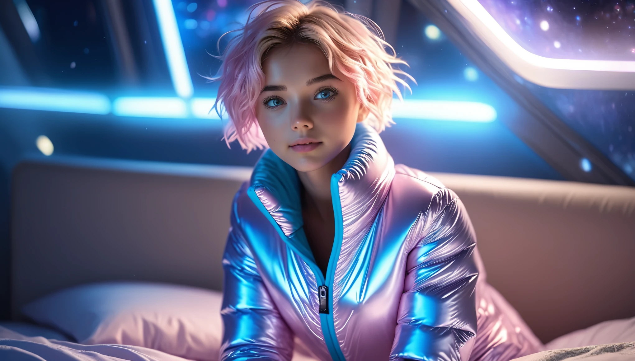 Top Quality, Masterpiece, High Resolution, 8k, ((2 cute girls in a light pink blue open shiny puffer with plunging neckline, short sleeves, wide neckline, deep neckline, small perky breasts, extremely detailed face, detailed slightly open eyes, beautiful detailed lips, short asymmetrical pixie hair, small hips)), in a spaceship, on bed, intricate details, at night, backlit, random neon color, full body shot, view from distance, random pose