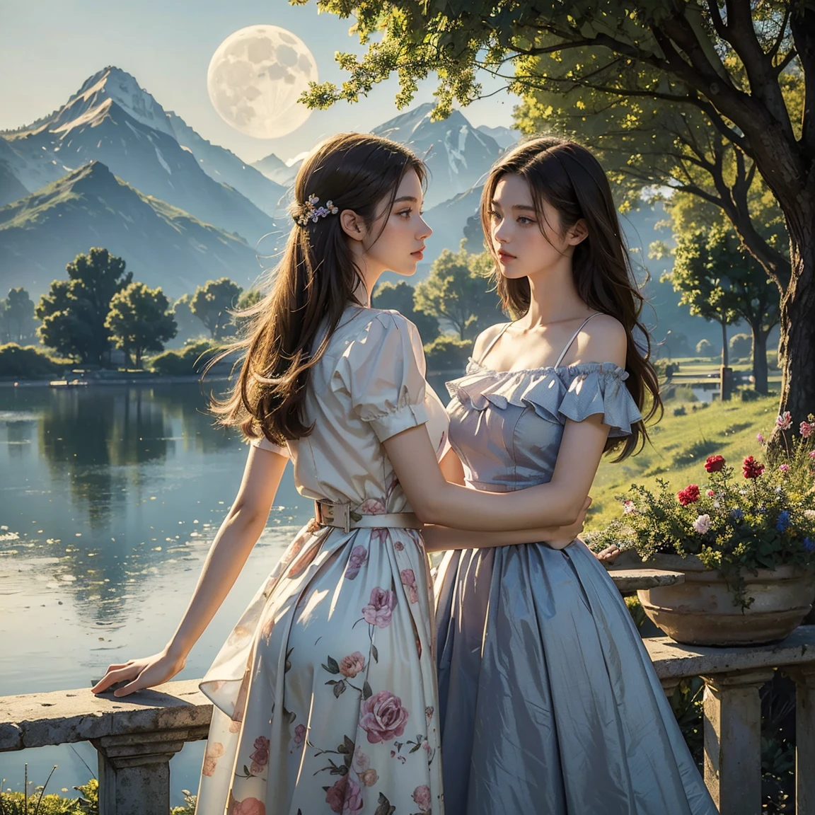 (masterpiece, highest quality, official art, beauty and aesthetic:1.5), perfect ???????, two school girls are deeply in love with each other, kiss, romantic atmosphere, flower and moon, magnificent panorama view