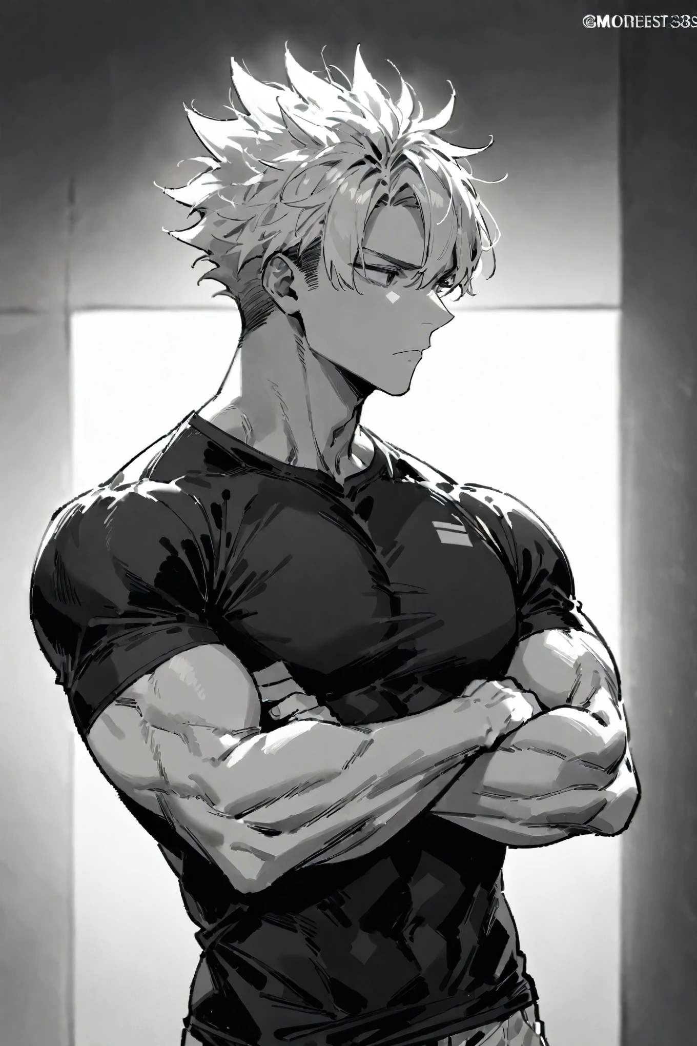 1 boy, Male focus, Single, Arms crossed, shirt, Monochrome, Full Body,To show the back ,swelling,  user name, muscular, short hair, spiked hair, Closed mouth, tight shirt, Gojo Satora, Short sleeves, muscular male, t shirt, Grayscale, Looking Away - Mode 1 - Preset 3, ((Medium Quality)), ((Medium Quality))