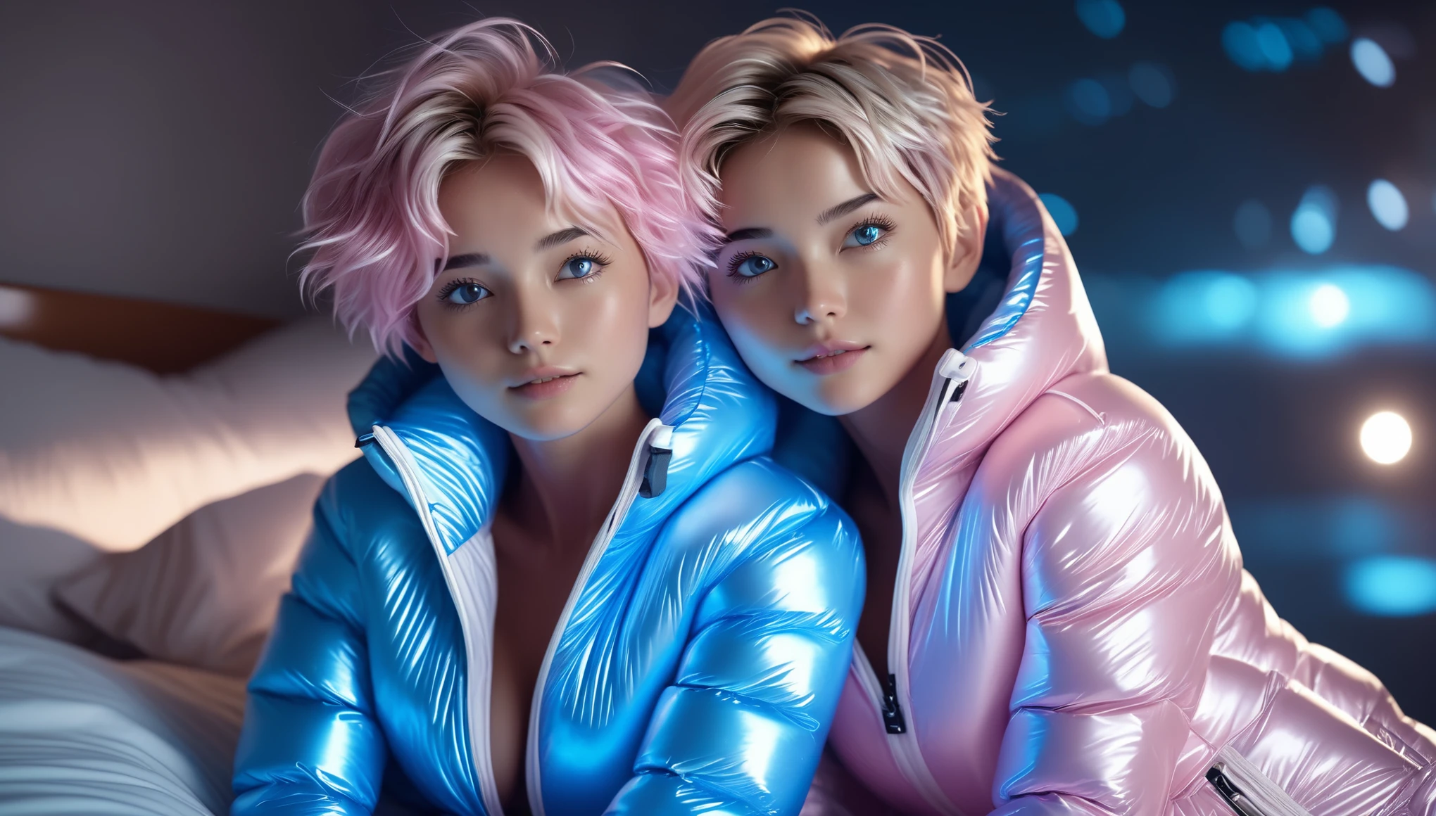 Top Quality, Masterpiece, High Resolution, 8k, ((2 cute girls in a light pink blue open shiny puffer with plunging neckline, short sleeves, wide neckline, deep neckline, small perky breasts, extremely detailed face, detailed slightly open eyes, beautiful detailed lips, short asymmetrical pixie hair, small hips)), in a spaceship, on bed, intricate details, at night, backlit, random neon color, full body shot, view from distance, random pose