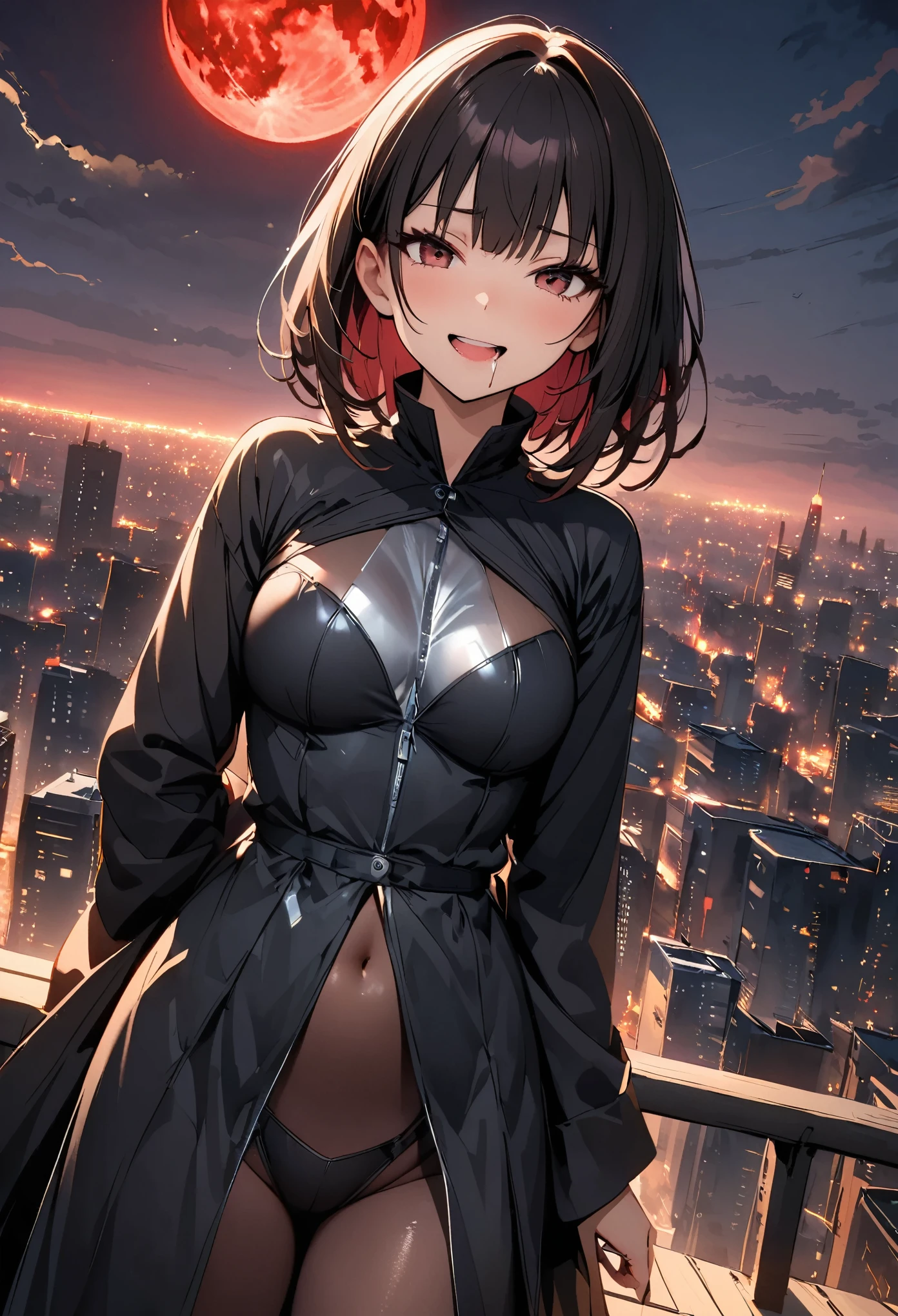 Woman standing in the dark:1.2, Uneasy atmosphere,Dark night above the city, Red Moon, Red Moonに渦巻くエネルギー潮流, A Bad Premonition, Rooftop, More about women:Detailed face, Long eyelashes, Bewitching pose、Lewd smile, Open your mouth, Drooling, High leg bodysuit, Shiny black costume, Wearing a robe, Shining Thin Film Interference Costume, Cinematic lighting, Dutch Angle, Magical Energy Effects.