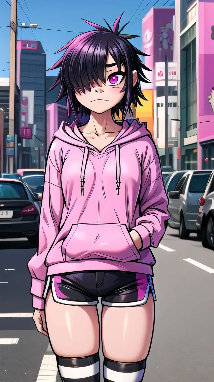 masterpiece, best quality, 1girl, solo, looking at viewer, black hair highlighted with pink color, pink eyeballs, collarbone, hair over one eye, oversize hoodie, bold lines, Akihabara street background, short pants, black stocking with white stripes