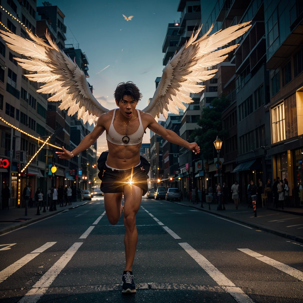A person stumbling on a busy street, with an expression of determination on his face. As it starts to fall, the scene transforms and the same person is shown flying high in the sky with luminous wings, leaving behind the street and the difficulties. The sky is lit with vibrant dawn colors, symbolizing overcoming and the ability to soar above challenges. The figure is surrounded by an aura of light, representing hope and inner strength."