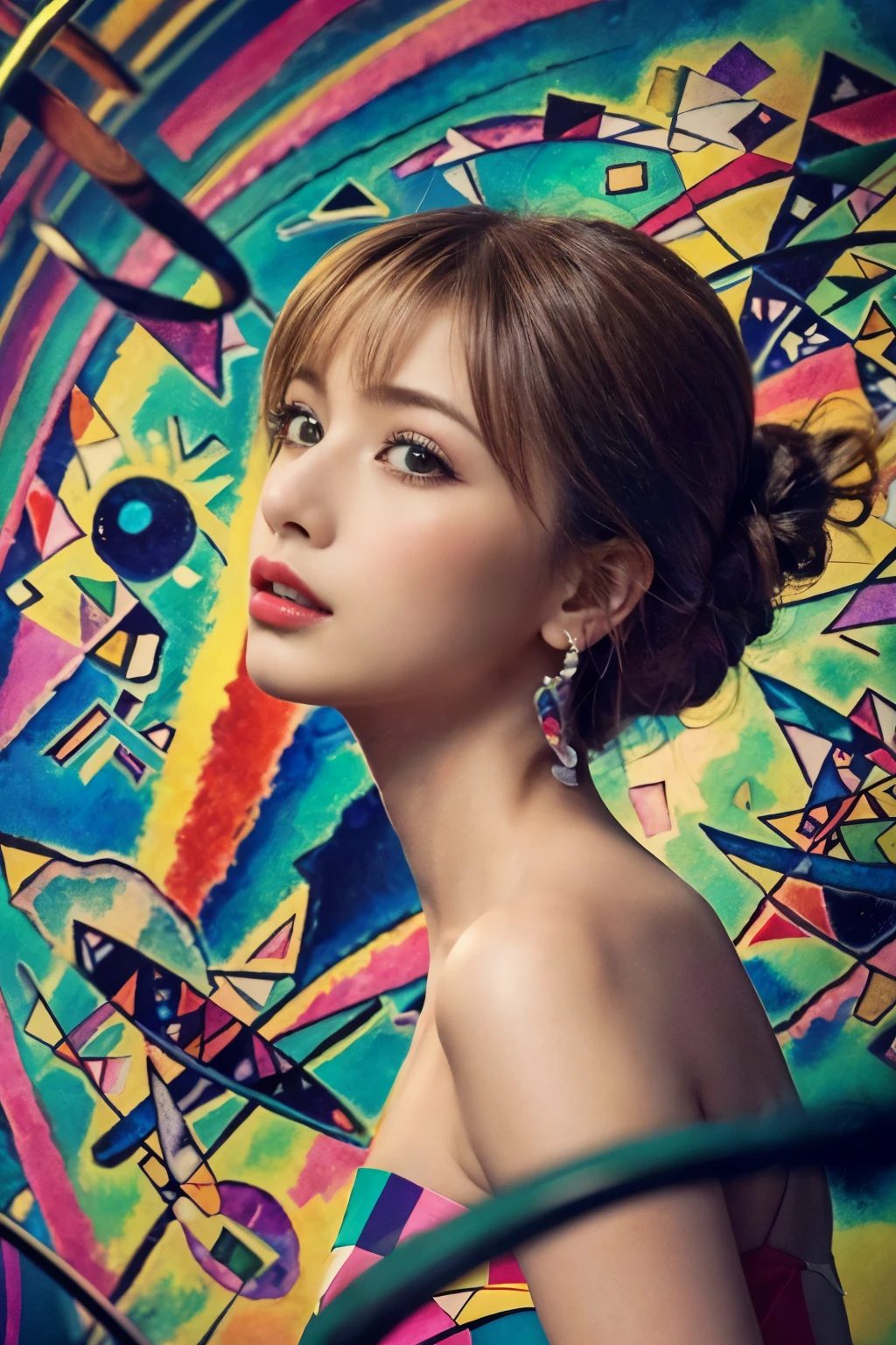 ((masterpiece:1.4, Highest quality)), (Realistic photos:1.4), (artwork),
((1 girl)), (Otherworldly beauty), (dream-like),
(超High resolution:1.2), Very delicate and beautiful, wonderful, Very detailedな CG Unity 8k 壁紙, Very detailed, High resolution,
Soft Light, Beautiful detailed girl, Very detailedな目と顔, Beautiful and exquisite nose, Beautiful and exquisite,
Cinema Lighting, Perfect Anatomy, Slender body, (Parted bangs),
(Portrait of Venus:1.5), (Abstract background with Kandinsky-style design:1.5),
Cowboy Shot