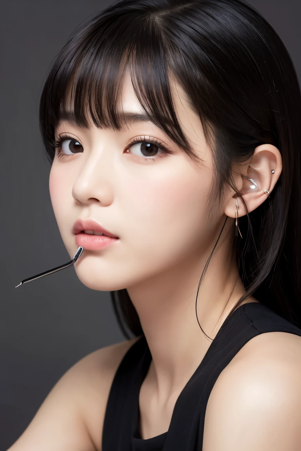 One girl, Open your mouth, Simple Background, Blurred, earphone, Highest quality, High-resolution model, Black Hair, Bangs, Cover your mouth with something, Simple Background, hairpin, accessories,