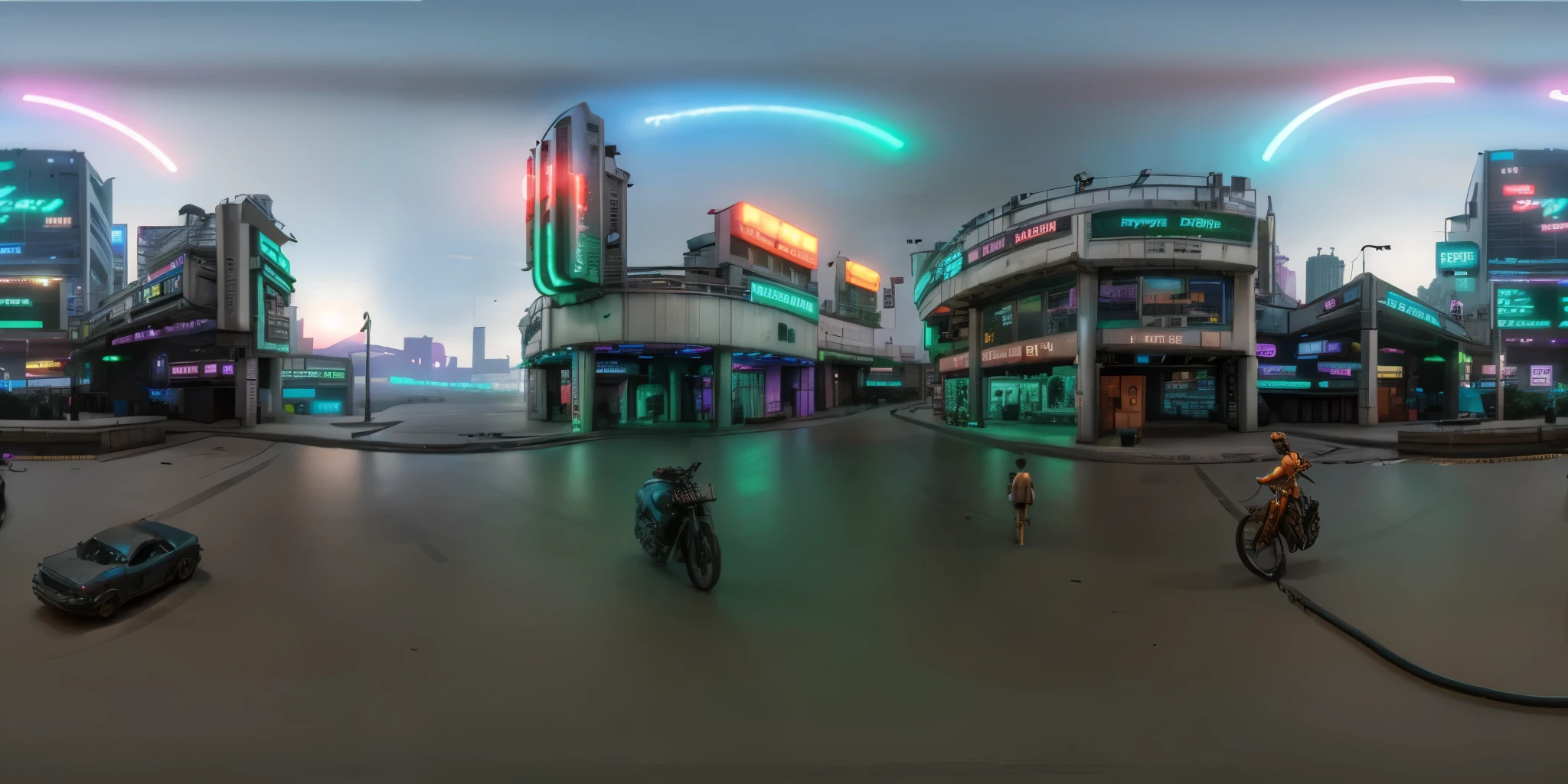 cyberpunk city, neon lights, distopic, trafic, octane render, hyperdetailed, 360 degrees panorama