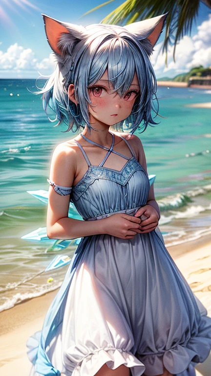 Ice Fairy,Cirno,Cat ear,mysterious,Ocean,beach,summer,Light blue dress,Pink ribbon on the chest,Blue Hair,sunlight,Ice feathers