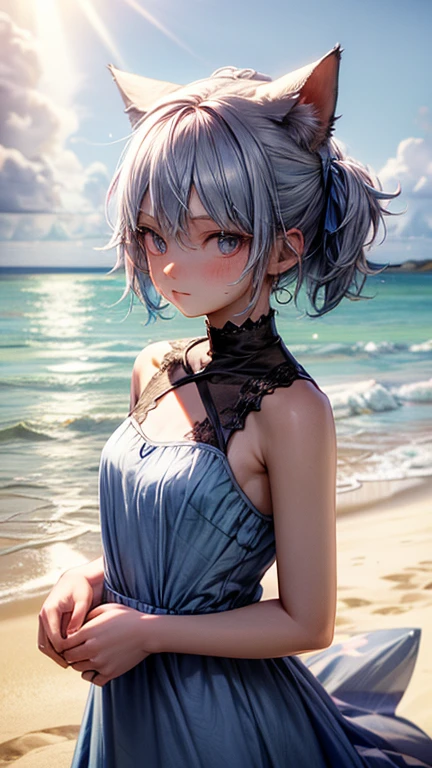 Ice Fairy,Cirno,Cat ear,mysterious,Ocean,beach,summer,Light blue dress,Pink ribbon on the chest,Blue Hair,sunlight,Ice feathers