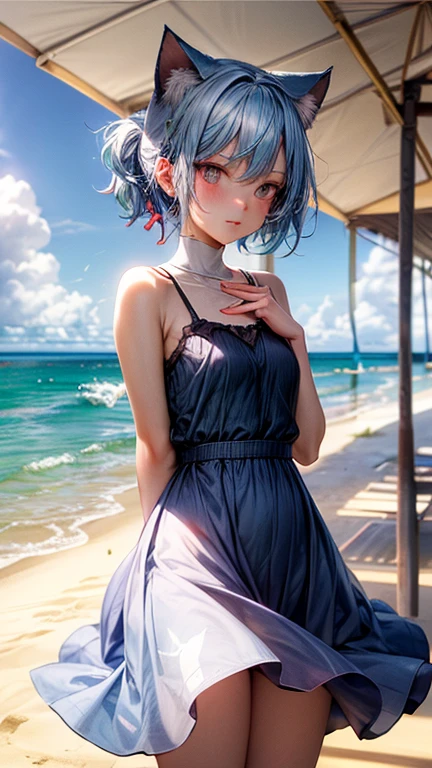 Ice Fairy,Cirno,Cat ear,mysterious,Ocean,beach,summer,Light blue dress,Pink ribbon on the chest,Blue Hair,sunlight,Ice feathers