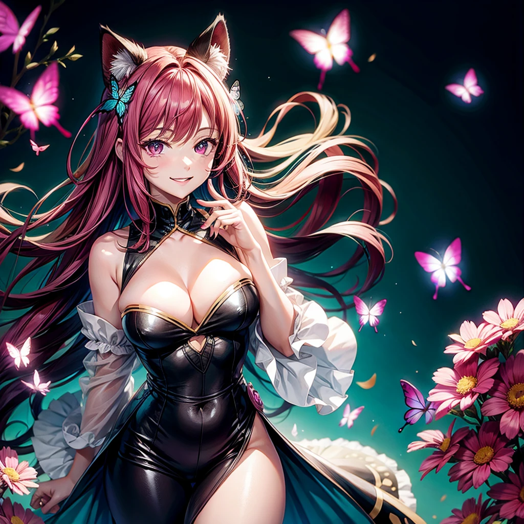 Magenta hair, hazel eyes, older woman, hair bows, cat ears, long hair, smiling face, sexy outfit, butterflies, teal and gold outfit, butterfly background, cover chest blouse