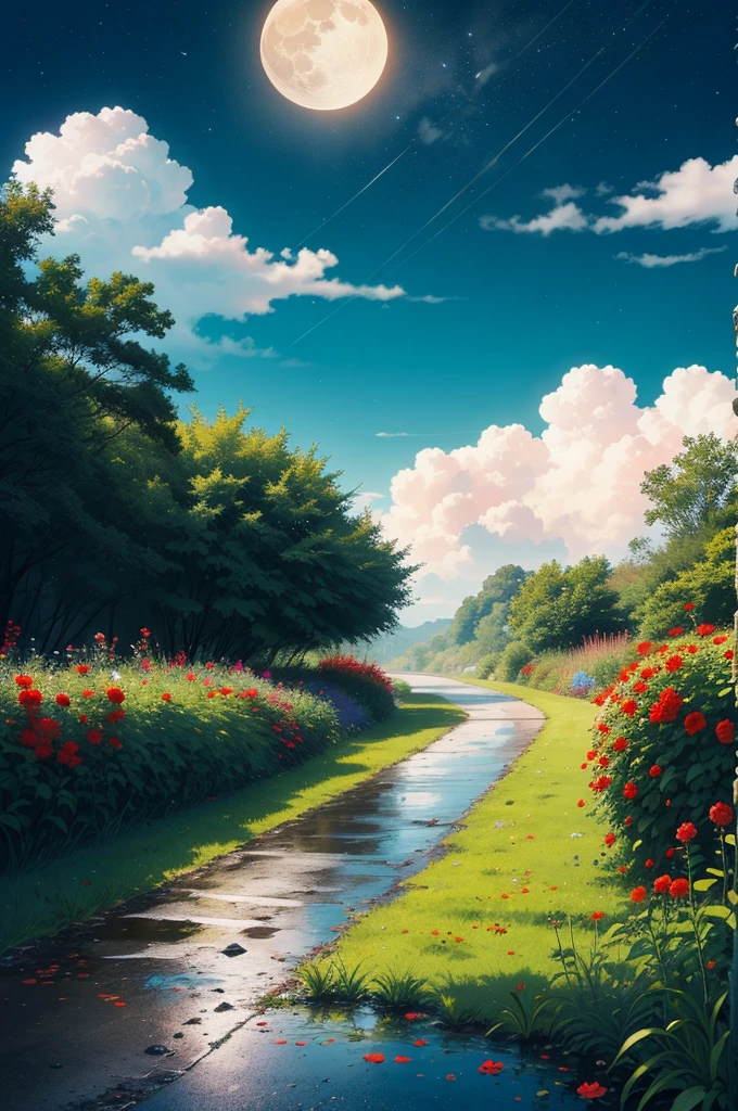 imagination, person thinking, green and pink clouds, blue sky, wet asphalt, storm, red flowers, green grass, butterflies, moon, stars,