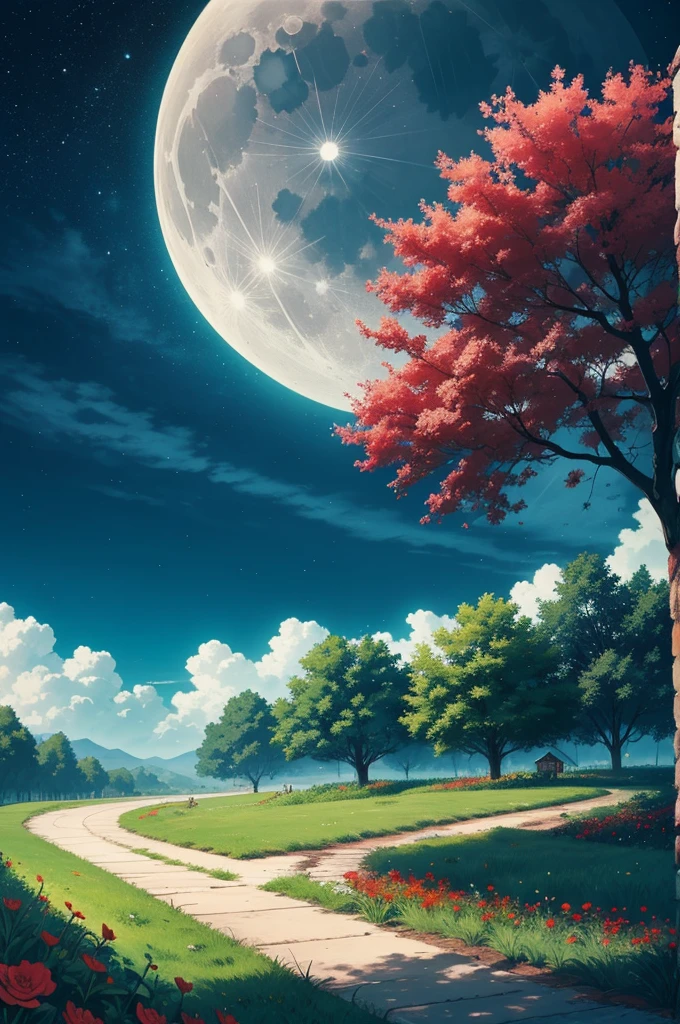 imagination, person thinking, green and pink clouds, blue sky, wet asphalt, storm, red flowers, green grass, butterflies, moon, stars,