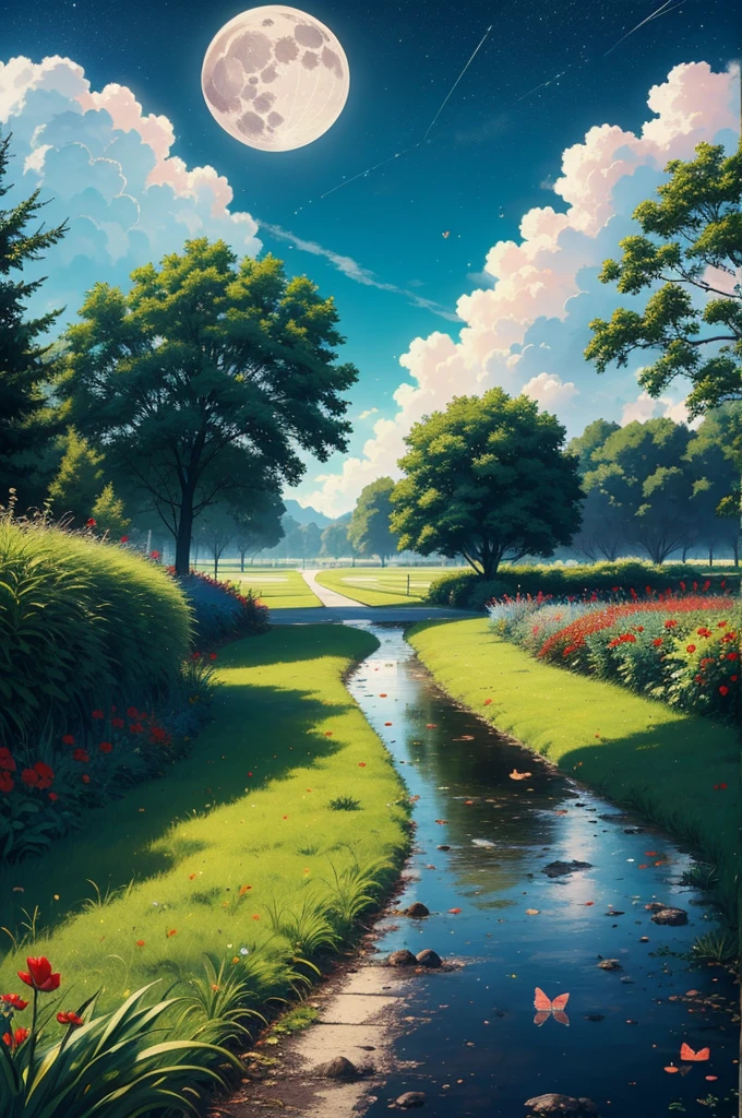 imagination, person thinking, green and pink clouds, blue sky, wet asphalt, storm, red flowers, green grass, butterflies, moon, stars,
