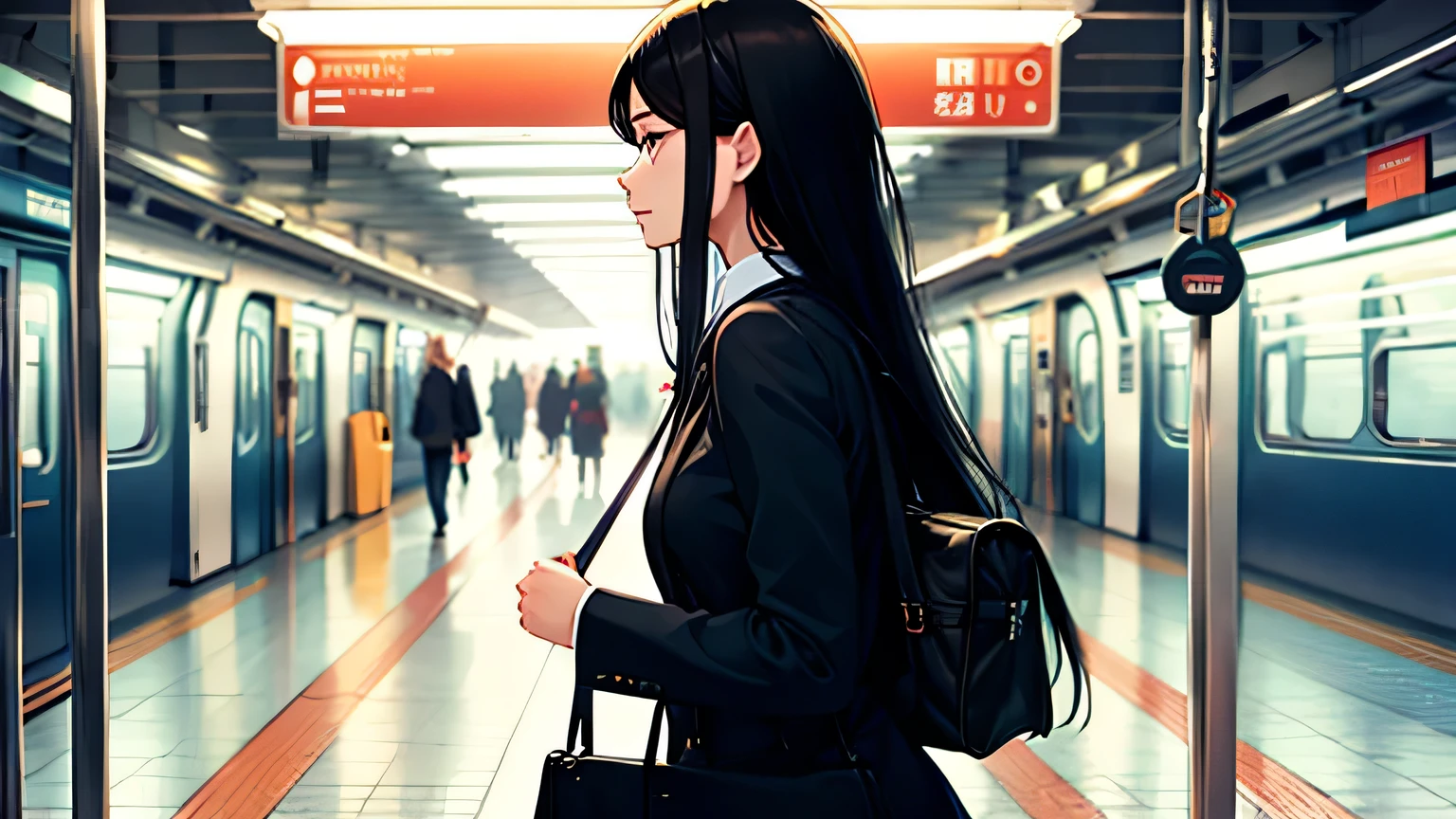Woman with long black hair,OL,Commuting to work,Walking on the train platform