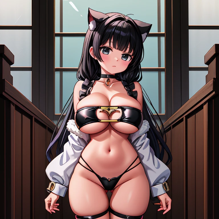 Anime Kawaii sexy Perfect Slim sensual body large breast and huge thighs, An intricate and highly detailed illustration of anime (Young girl).  female, standing, direct, 1 girl, looking ahead at viewer, handcuffs on the hands, with a collar around the neck, slave, posição standings para cima, ((black choker, Handcuffs on legs and arms)) show ass, Fur trim, own hands together grabbing your own buttocks