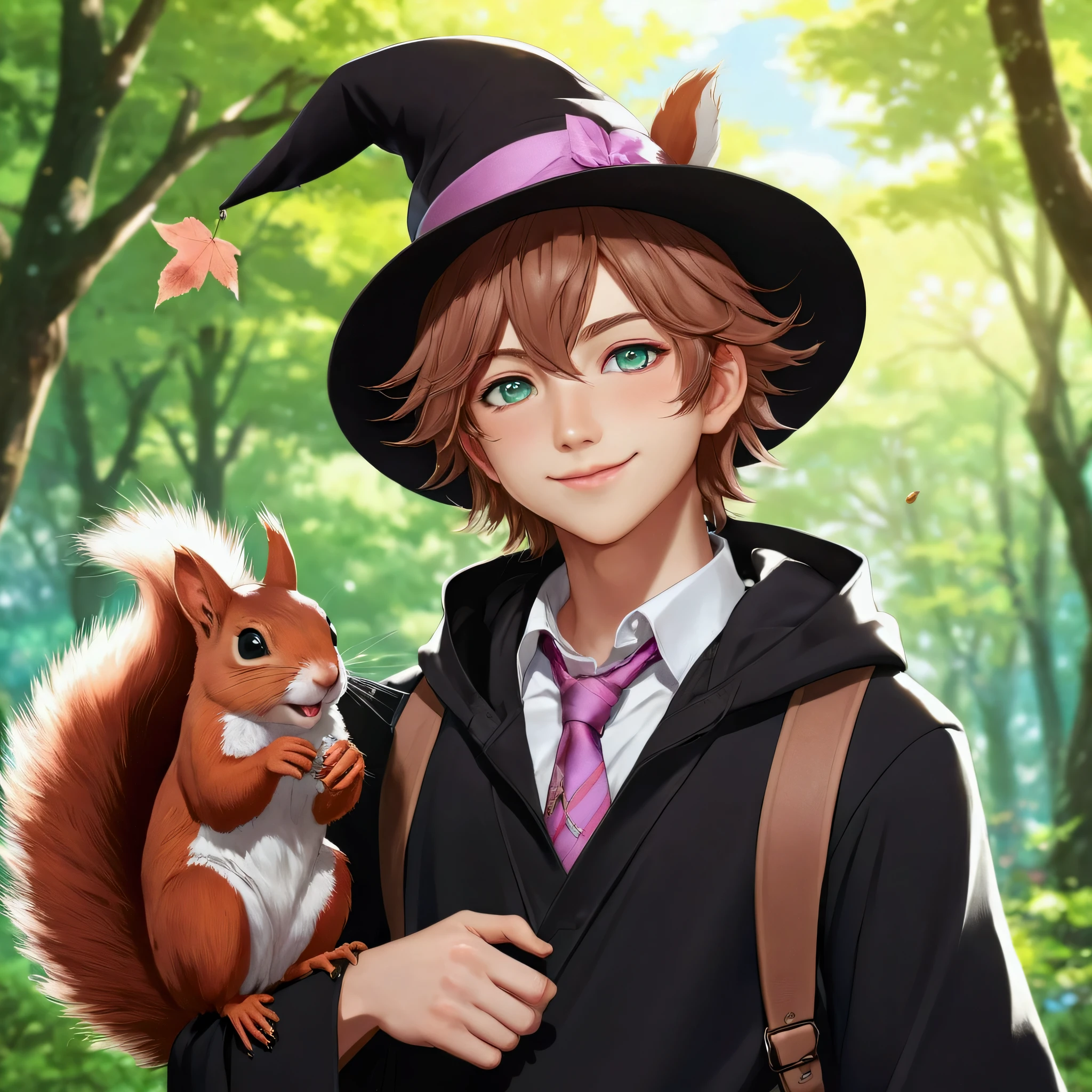 anime boy with a hat and a squirrel on her shoulder, key anime art, young wizard, black magician girl, genshin, anime character, flirty anime witch casting magic, zerochan art, beautiful wizard, key anime visuals, keqing from genshin impact, detailed anime character art, splash art anime , ayaka genshin impact, fuul body, wearing black shoes and long brown trousers, wearing a pink witch hat, wearing a squirrel tail, brown nut hair, green eyes, smile face, anime, a girl with a hat and a squirrel on her shoulder, kawacy, ๐ cute, key anime art, genshin, ๐ cute, detailed key anime art, detailed anime character art, trending on artstation pixiv, anime boy, tall anime guy with blue eyes, cunning smile, high quality portrait, anime wallaper, rin, very detailed fanart, glitter, perfect detailed,