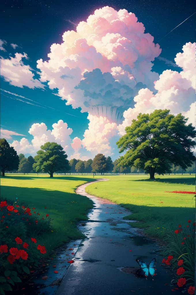 imagination, person thinking, green and pink clouds, blue sky, wet asphalt, storm, red flowers, green grass, butterflies, moon, stars,