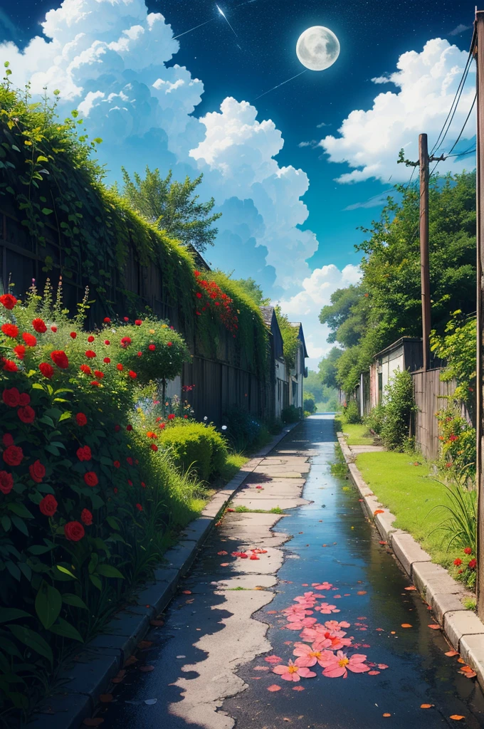 imagination, person thinking, green and pink clouds, blue sky, wet asphalt, storm, red flowers, green grass, butterflies, moon, stars,