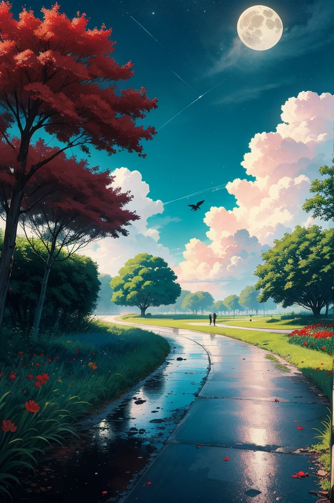 imagination, person thinking, green and pink clouds, blue sky, wet asphalt, storm, red flowers, green grass, butterflies, moon, stars,