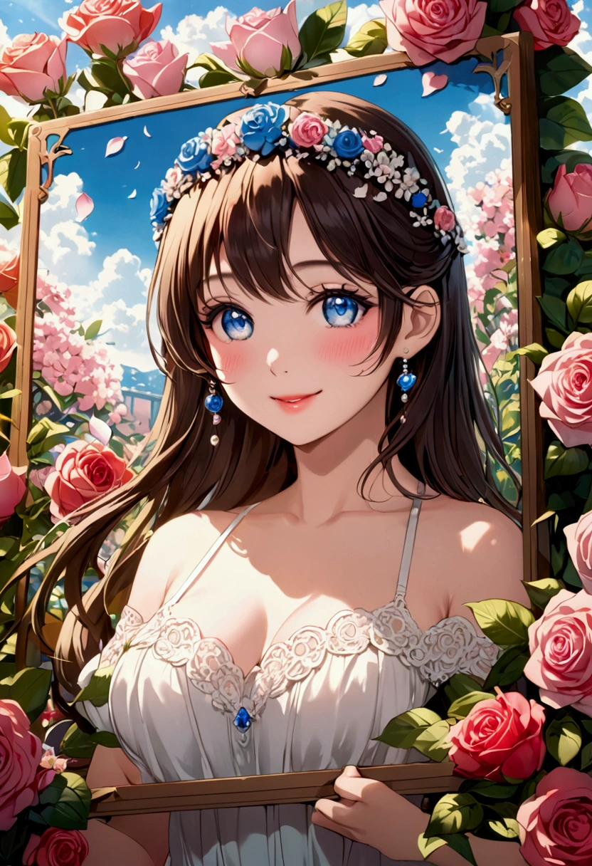 ((greatest masterpiece:1.3, ultimate quality:1.3, ultra-detailed:1.2)), (movie lighting), ((perfectly sensual)), super fine illustration, an extremely delicate and beautiful, 4K, 8K, 16K, UHD, 1 girl, solo, Glossy skin, beautiful and shiny hair, cute  eyes, clear pupil, big , pretty dress, open mouth smile, holding cute decorative message board, upper body, Hold up a sign saying (((thank you for 1000 followers))), A background full of flowers, cinematic angle, official art style, daring composition, sexy, flawless AI-assisted, world-class artwork