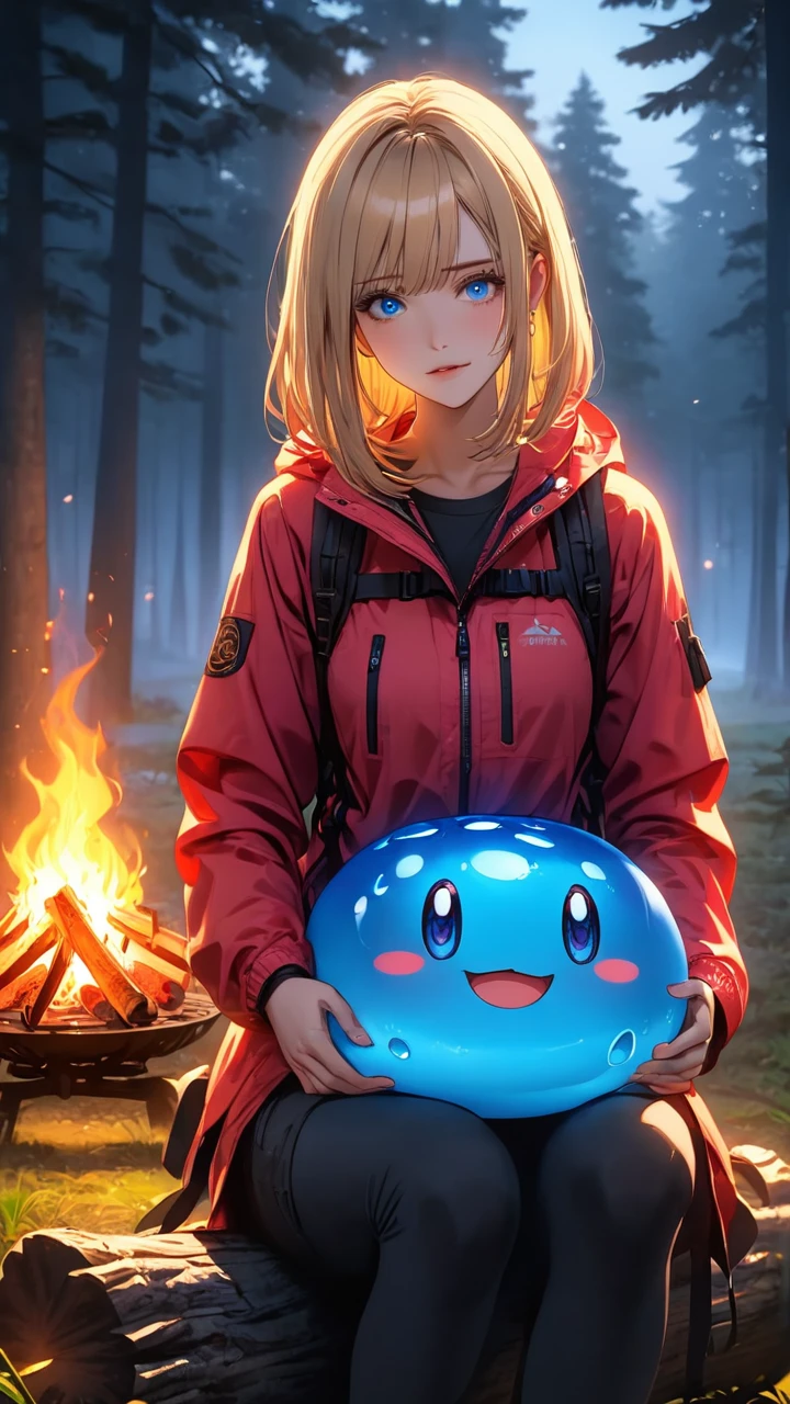 highest quality, masterpiece, best quality, 1 girl, solo,
BREAK
dramatic lighting, glowing, glowneon, moonlight,
BREAK
Forest, bonfire ,
BREAK
Hug slime, sitting on log, upper body
BREAK
blue eyes, medium hair, blonde hair:1.5, straight hair, adventure clothes,