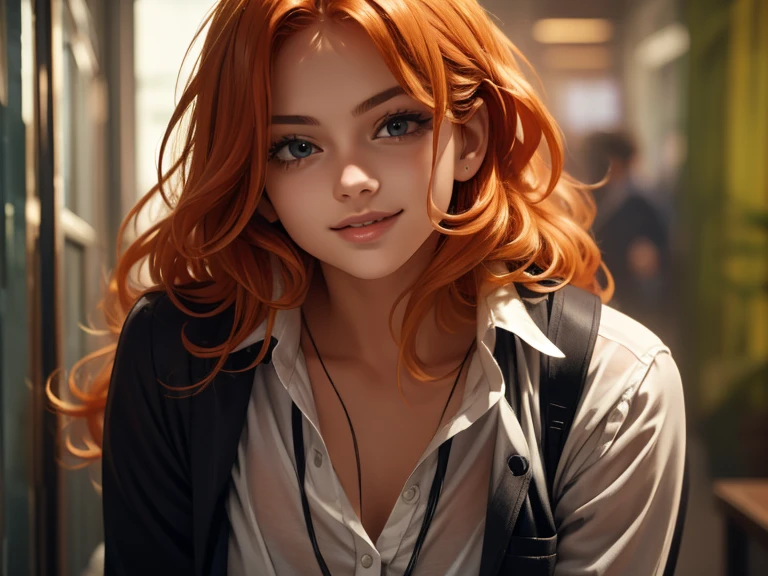 (masterpiece、top quality、top quality、official art、Nice and beautiful:1.2)、(one cute 18 year old girl:1.3), beautiful proportional , long straight red hair, beautiful realistic greenish-brown eyes large and expressive, gentle kind look.., (Best quality, masterpiece),  upper body, She has a beautiful nose and lips. Slim model graceful physique,  She is wearing strict straight black trousers and a white shirt., stylish, thoughtful, modest image of an office lady, she seems domineering and cold, really very kind and caring, she seems dangerous and aggressive, radiates inaccessibility, wants to appear strong and independent, but in reality a weak, frightened, powerless victim, subjected to years of sexual abuse from early childhood; closed pose, radiating a desire to be humiliated(beat and rape me!) Against the background of a birch grove, high quality textures of realistic human skin, Beautiful realistic face, proportionate slim physique, 