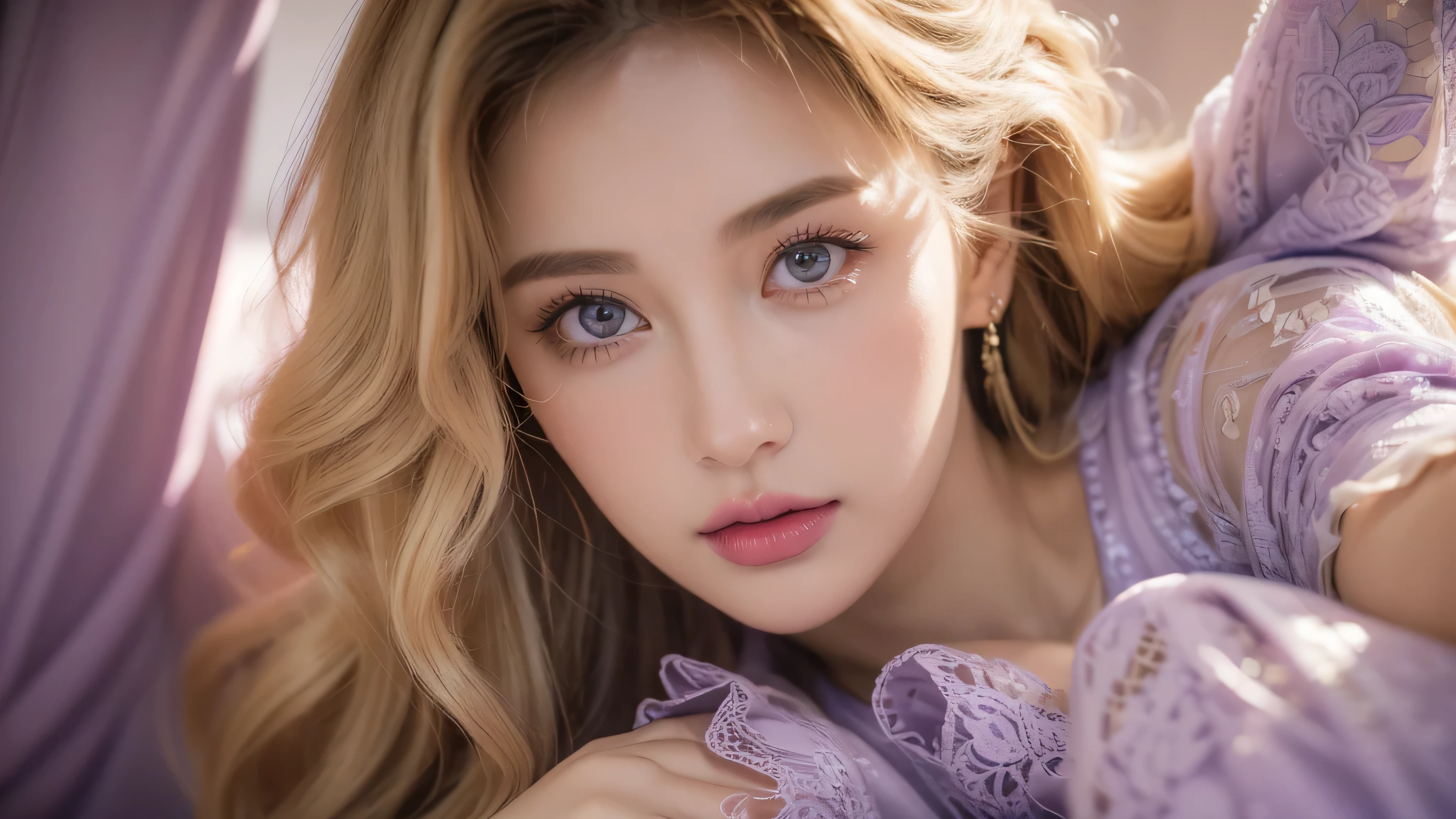 (Close-up of beautiful 26-year-old girl in classic style light purple dress: 1.2), stock photo film, camera f1. 6, saturated colors, lively, Patterns are lifelike, Impressive classic lighting, Modern style, sexy full body photo, Evening, Medium curly hair dyed light blonde