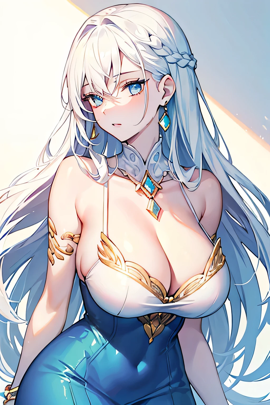 Amazing portrait of a tall and sexy woman with a square face and chiseled jawline with a calm and gentle look with her white hair beautifully tied in elegant braids and pale white skin that matches with her hair and bright blue eyes and perfect pink lips wearing some gold earrings necklace and bracelets and a long navy blue deep neck dress with minimal white embroidery that showcases her cleavage and gaps on the sides that emphasise her curvy hips with symmetric ethereal golden etchings on her body