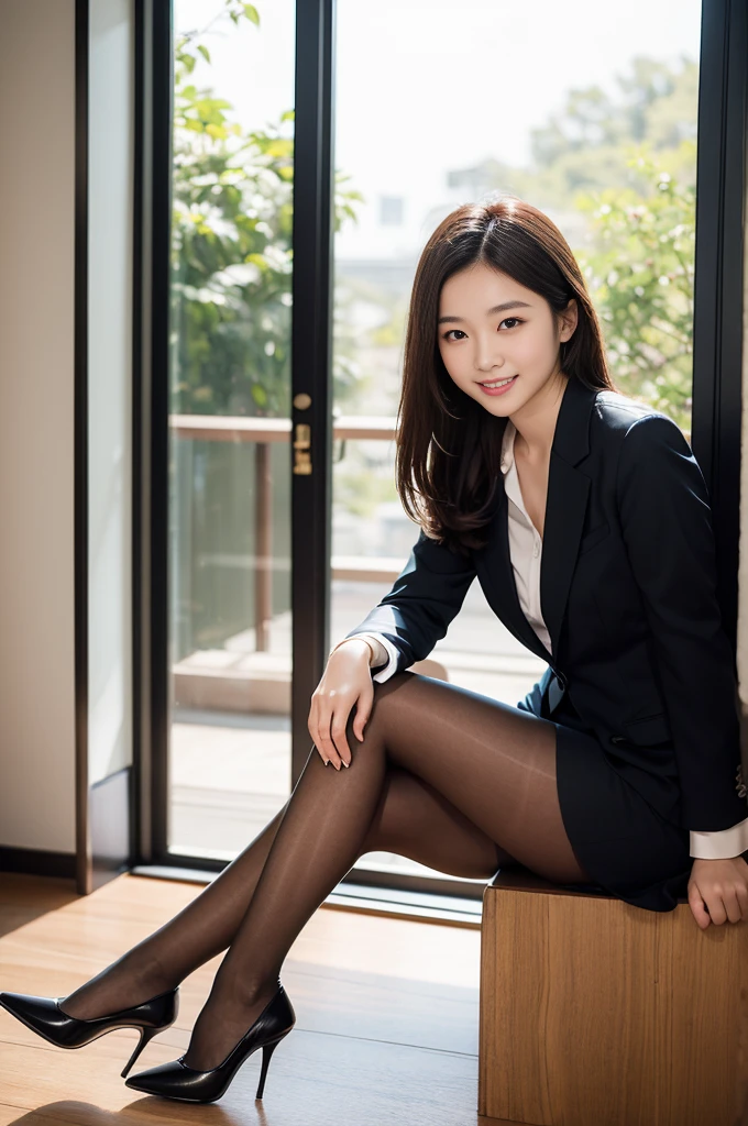 (Only one person), Pure Young Japanese girl, sexual attractive, wearing business suits, high heels, formal makeup, formal Hairstyles, sweet smile, natural body, beautiful legs, (pantyhose), sitting, dazzling sunlight, Professional Portrait Photography、