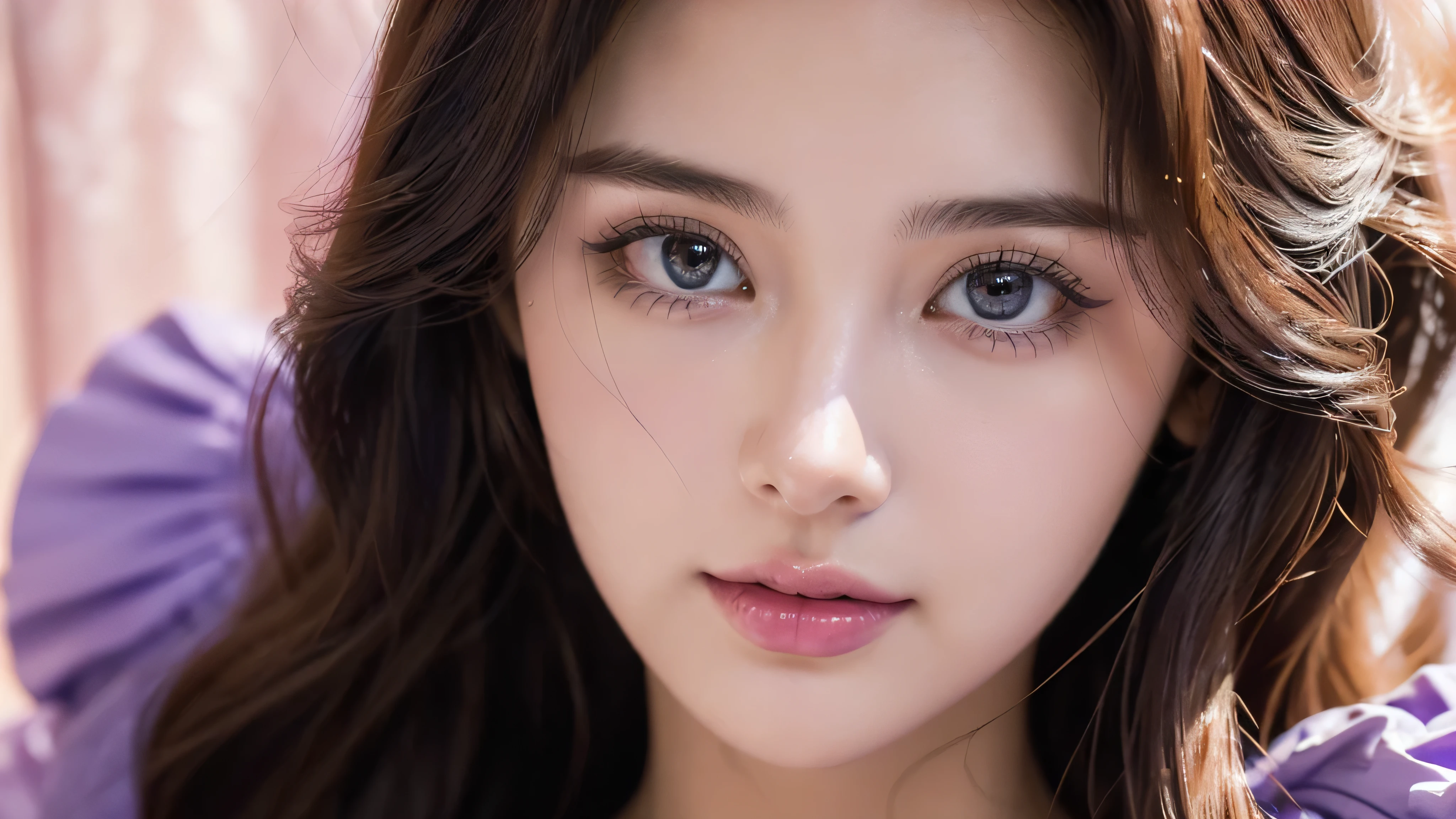 (Close-up of beautiful 24-year-old girl in classic style light purple dress: 1.2), stock photo film, camera f1. 6, saturated colors, lively, Patterns are lifelike, Impressive classic lighting, Modern style, sexy full body photo, Evening, Medium curly hair dyed light brown
