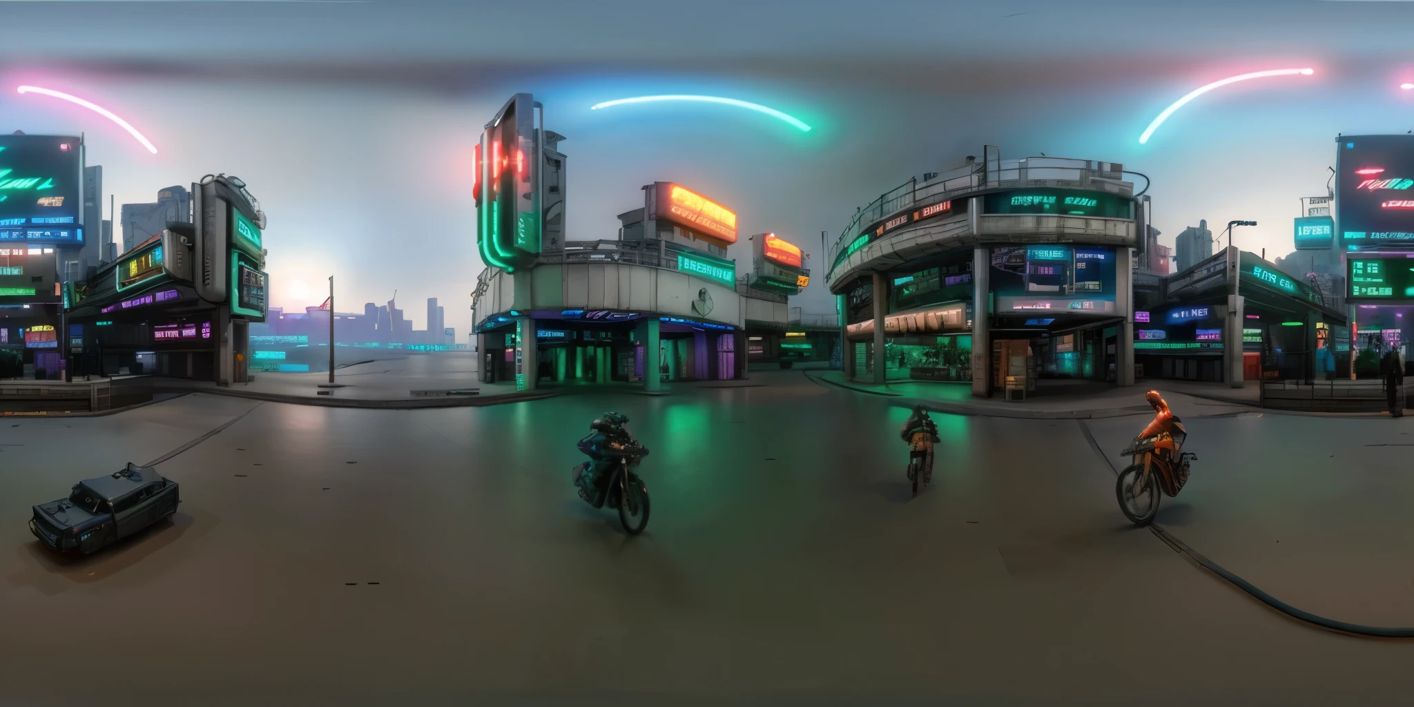 cyberpunk city, neon lights, distopic, trafic, octane render, hyperdetailed, 360 degrees panorama