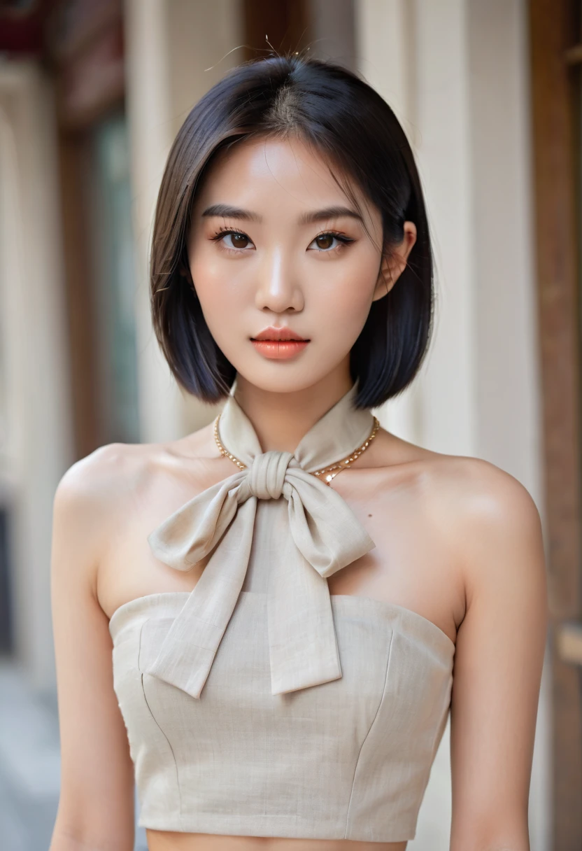 beautiful and attractive, 23-year-old Thai girl, 162-centimeter height, natural-ivory skin tone, (rounded-face), little-eyes, black eyes, (((korean monolid-eyes))), (clear-detailed eyes), centered-focus eyes, natural-gloss full-lips, (straight shoulder-length bob haircut), ((gray and silver highlights on black hair)), (clear-detailed hairs), ((naked small-breasts)), hourglass-slim figure, narrow shoulders, long neck, slim waist, rich-detailed skin texture, skin detention, white crop-tops, high-waist blue skinny-denim, Cartier’s rose-gold love necklace, (clear rich-detailed necklace), (((too tight Parisian-scarf with a big-knot scarf tightly strangle neck and long-tail scarf behind back))), ((rich-detailed scarf texture)), (((linen-cotton ribbed beige-color scarf with scarf-knot and tail))), look up to viewer, best highly-details and quality, 8k, HD photo