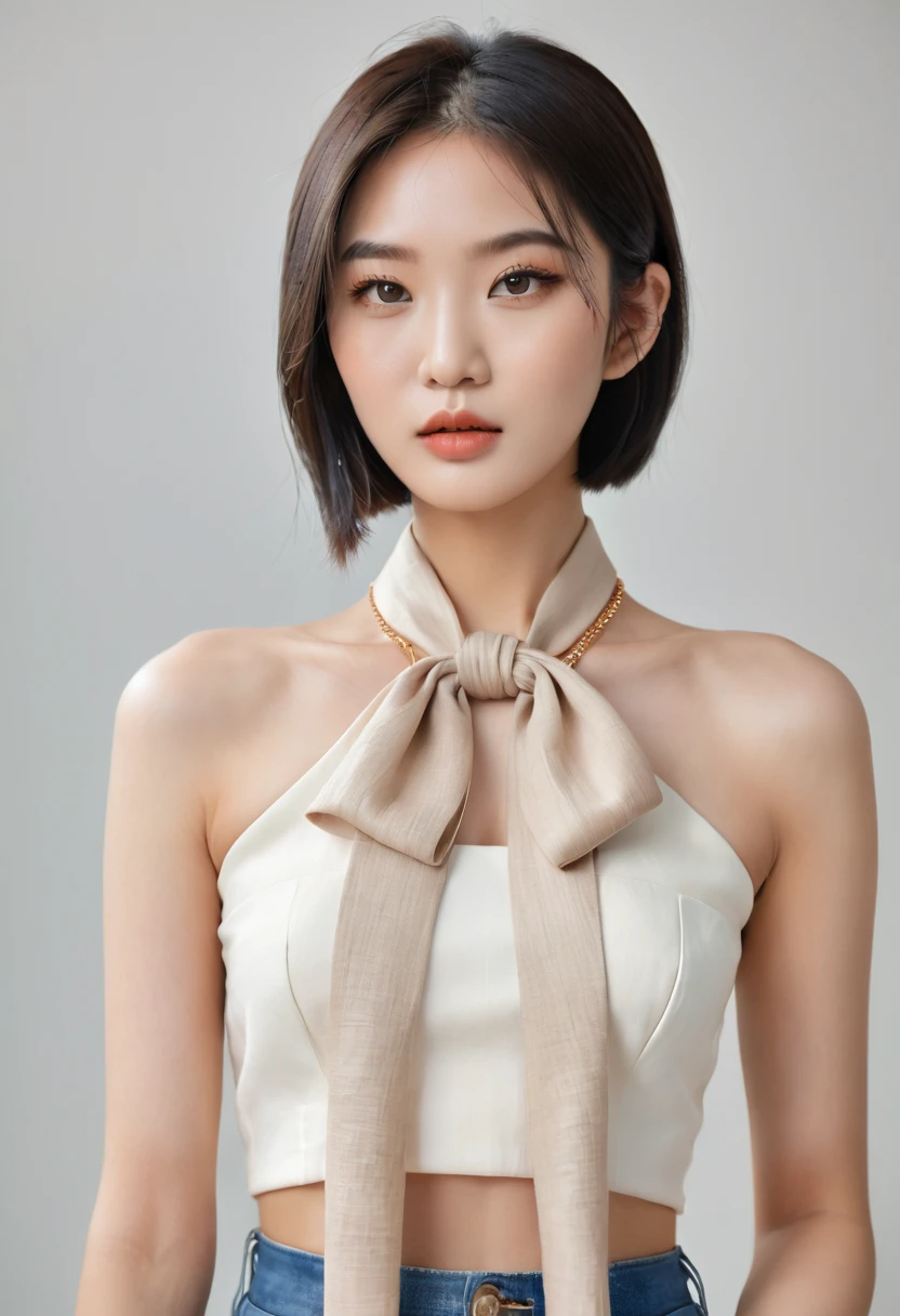 beautiful and attractive, 23-year-old Thai girl, 162-centimeter height, natural-ivory skin tone, (rounded-face), little-eyes, black eyes, (((korean monolid-eyes))), (clear-detailed eyes), centered-focus eyes, natural-gloss full-lips, (straight shoulder-length bob haircut), ((gray and silver highlights on black hair)), (clear-detailed hairs), ((naked small-breasts)), hourglass-slim figure, narrow shoulders, long neck, slim waist, rich-detailed skin texture, skin detention, white crop-tops, high-waist blue skinny-denim, Cartier’s rose-gold love necklace, (clear rich-detailed necklace), (((too tight Parisian-scarf with a big-knot scarf tightly strangle neck and long-tail scarf behind back))), ((rich-detailed scarf texture)), (((linen-cotton ribbed beige-color scarf with scarf-knot and tail))), look up to viewer, best highly-details and quality, 8k, HD photo