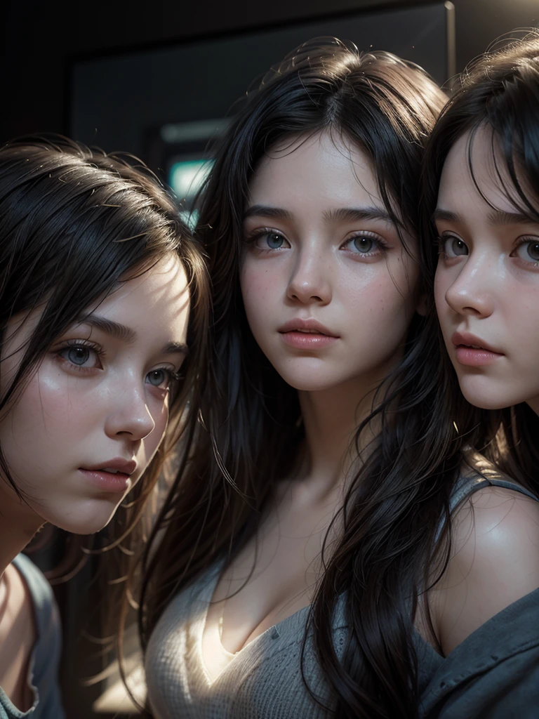 portrait of 3 young people in musical studiob(backlight), realisitic, work of art, highest quallity, Lens flare, ombre, blossom, [[Chromatic aberration]], por Jeremy Lipking, by Antonio J.. Manzanedo, digitalpainting, Estilo-GlassFinal, natural skin texture