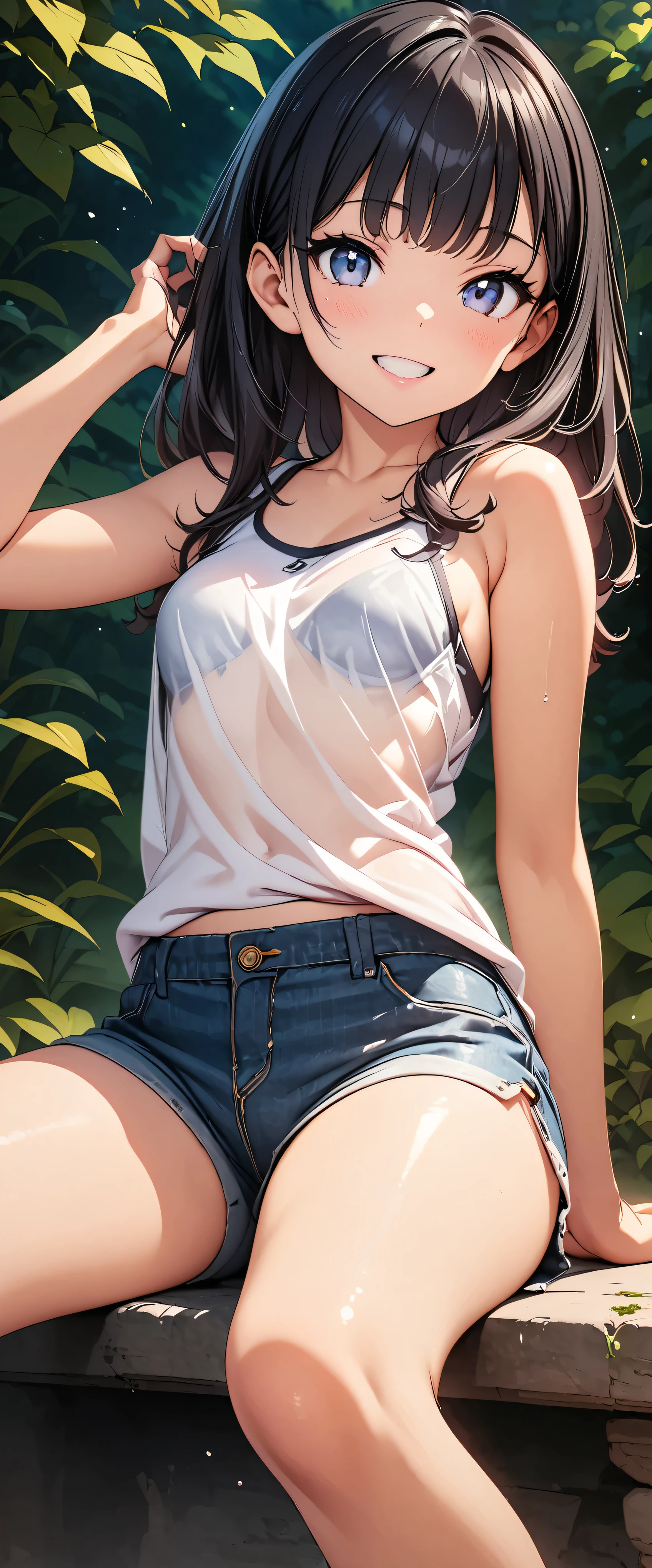 (((masterpiece)))、((Highest quality))、(Ultra-detailed)、(CG illustration)、(Very beautiful girl))、Cinematic Light、((1 Girl))、 、(Beautiful and luxurious:1.2)、(One Girl:1.3),garden,,,************,White tight tank top,jean micro shorts,Black Hair,smile,teeth,See-through,Fits perfectly against the skin,skinny