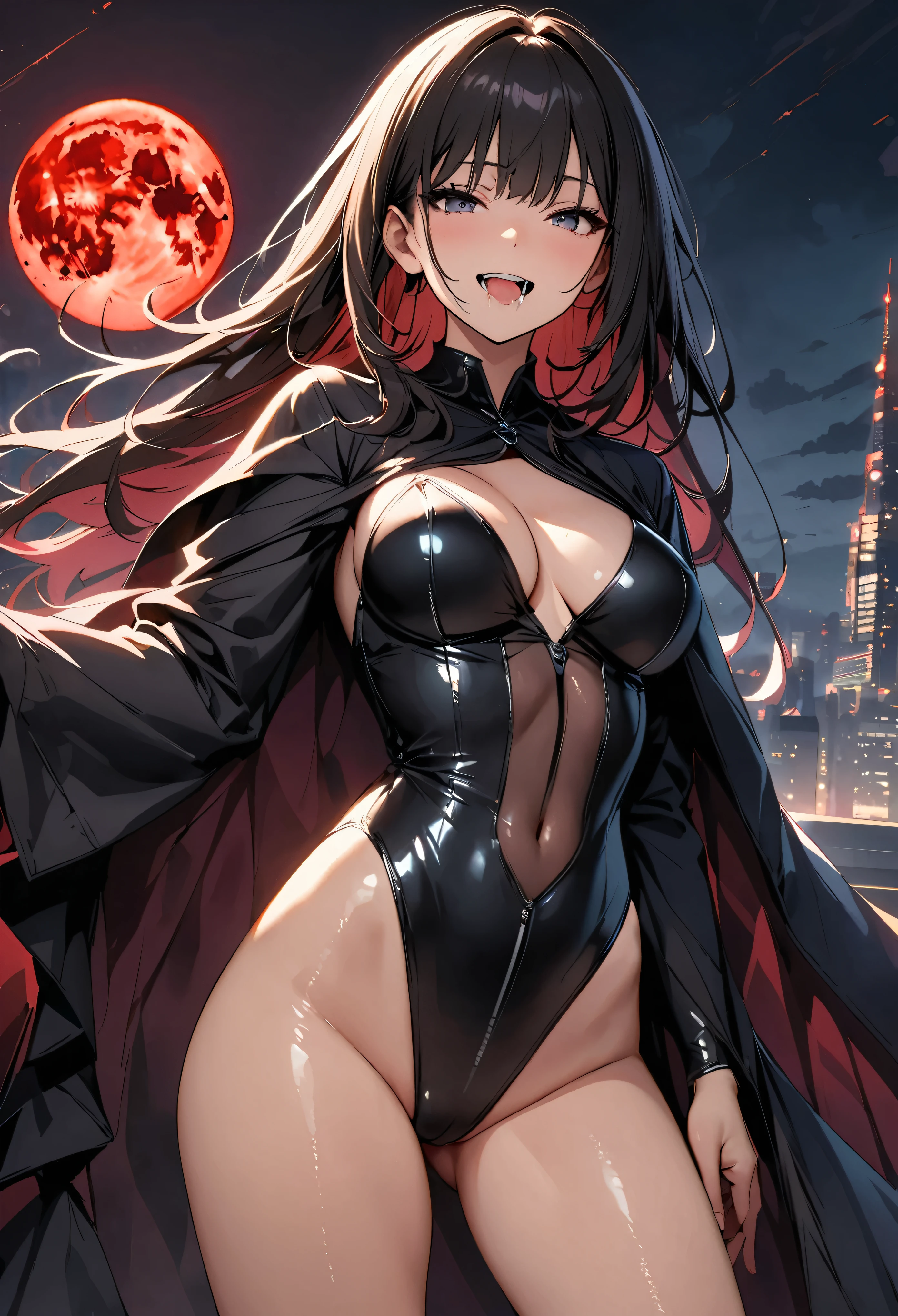 Woman standing in the dark:1.2, Uneasy atmosphere,Dark night above the city, Red Moon, The energy currents swirling around the Red Moon, A Bad Premonition, Rooftop, More about women:Detailed face, Long eyelashes, Bewitching pose、Lewd smile, Open your mouth, Drooling, High leg bodysuit, Shiny black costume, Wearing a robe, Shining Thin Film Interference Costume, Cinematic lighting, Dutch Angle, Magical Energy Effects.