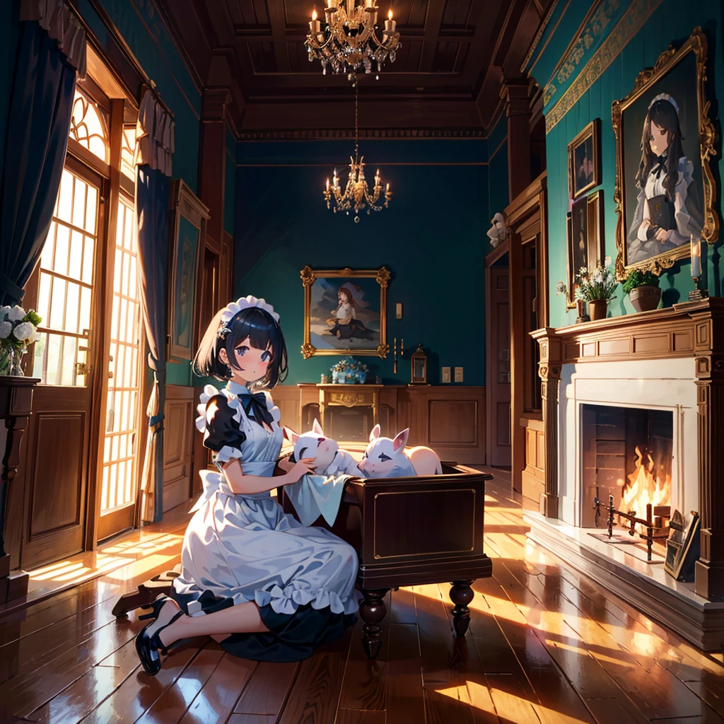 {{{Masterpiece, highest quality, high-resolution background}}}, bright and beautiful atmosphere, 3 girls (, 1 short-tempered round face), 1 (hair, surface effects), small breasts, fireplace A country room, a girl dressed as a maid, a mini-pig in a cradle, a mini-pig curled up warmly in front of the fireplace, "deltamon_sdXL :0.73) >Deltamon"