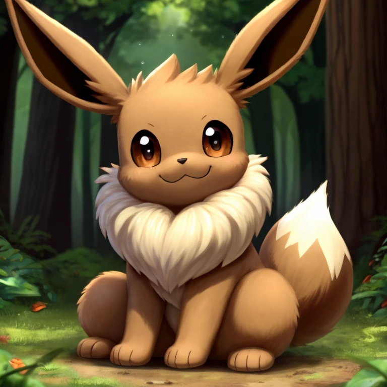 The pokemon Eevee is sitting smiling, and good quality image , and high definition , y este en un roca de un bosque hermoso