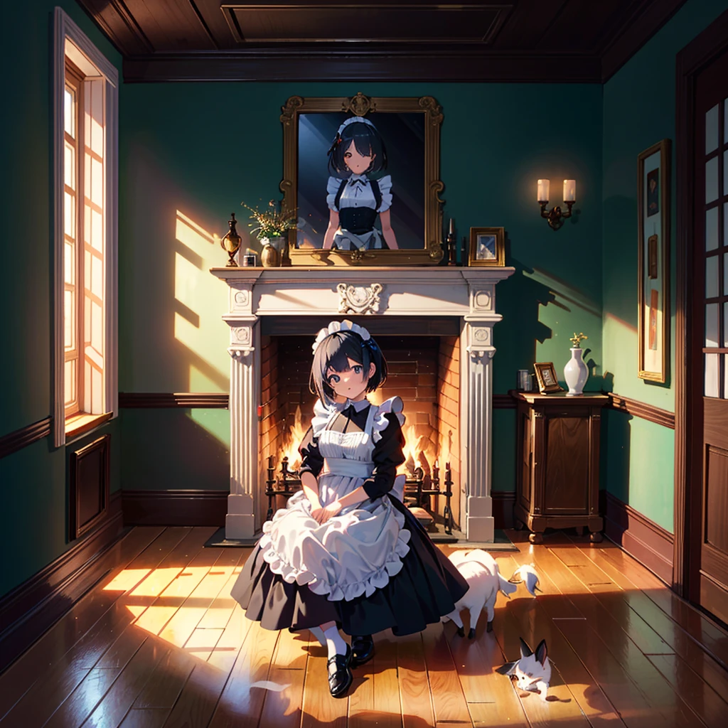 {{{Masterpiece, highest quality, high-resolution background}}}, bright and beautiful atmosphere, 3 girls (2 years old, 1 short-tempered round face), 1  (hair, surface effects), small breasts, fireplace A country room, a girl dressed as a maid, a mini-pig in a cradle, a mini-pig curled up warmly in front of the fireplace, "deltamon_sdXL :0.73) >Deltamon"