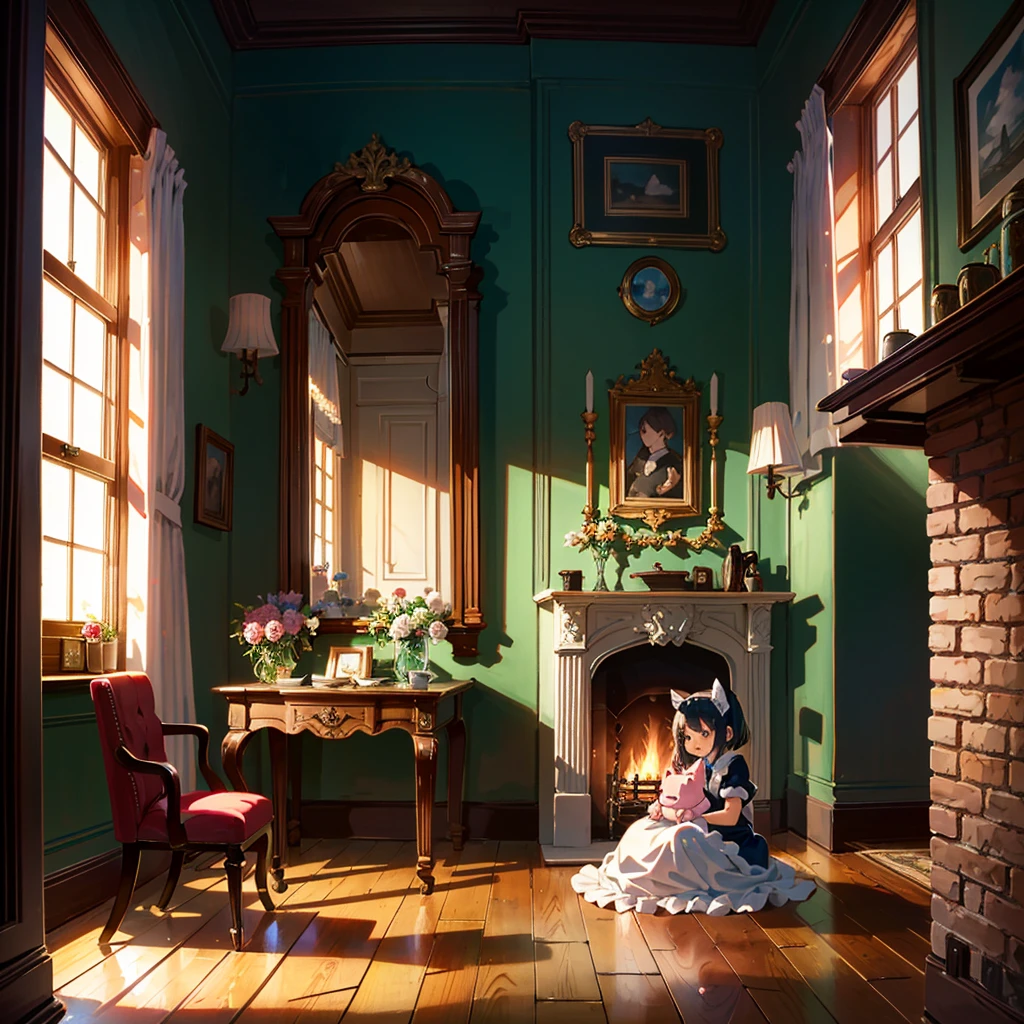 {{{Masterpiece, highest quality, high-resolution background}}}, bright and beautiful atmosphere, 3 girls (2 years old, 1 short-tempered round face), 1  (hair, surface effects), small breasts, fireplace A country room, a girl dressed as a maid, a mini-pig in a cradle, a mini-pig curled up warmly in front of the fireplace, "deltamon_sdXL :0.73) >Deltamon"